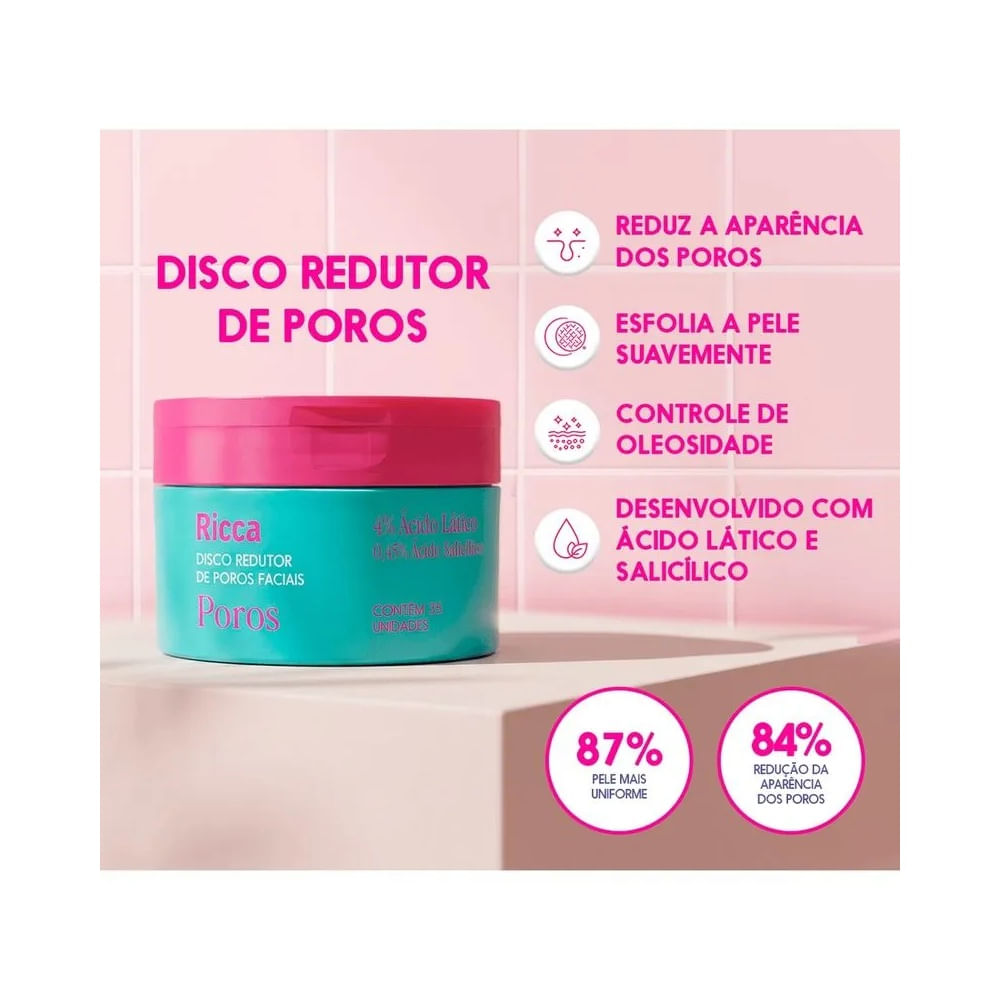 Disco Facial Ricca Redutor de Poros em embalagem aberta mostrando discos brancos